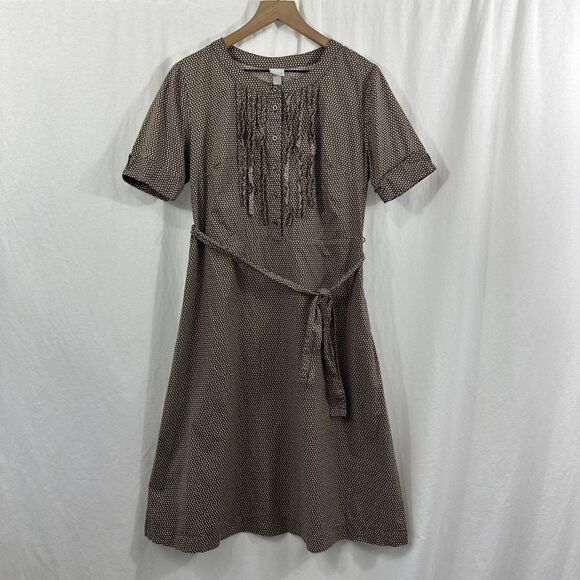 Merona Mod Circle Print Brown Ruffle Front Button Peasant Midi Dress Womens 10 - Picture 1 of 10